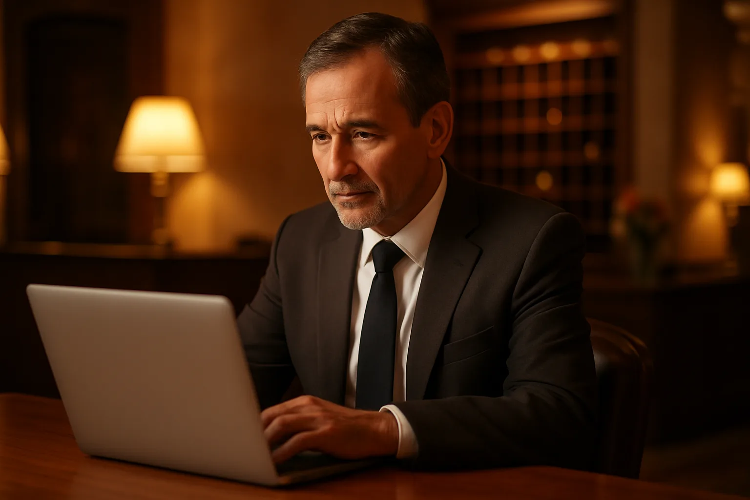 Hotelier überprüft die Online-Sichtbarkeit seines Hotels am Empfangstresen