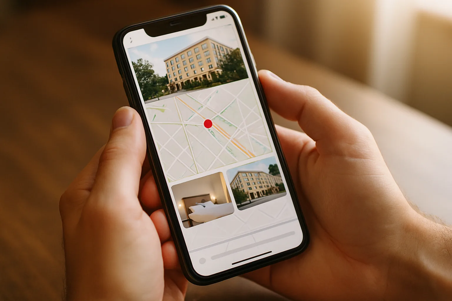 Smartphone mit Google Maps Hotelsuche in den Händen eines Reisenden