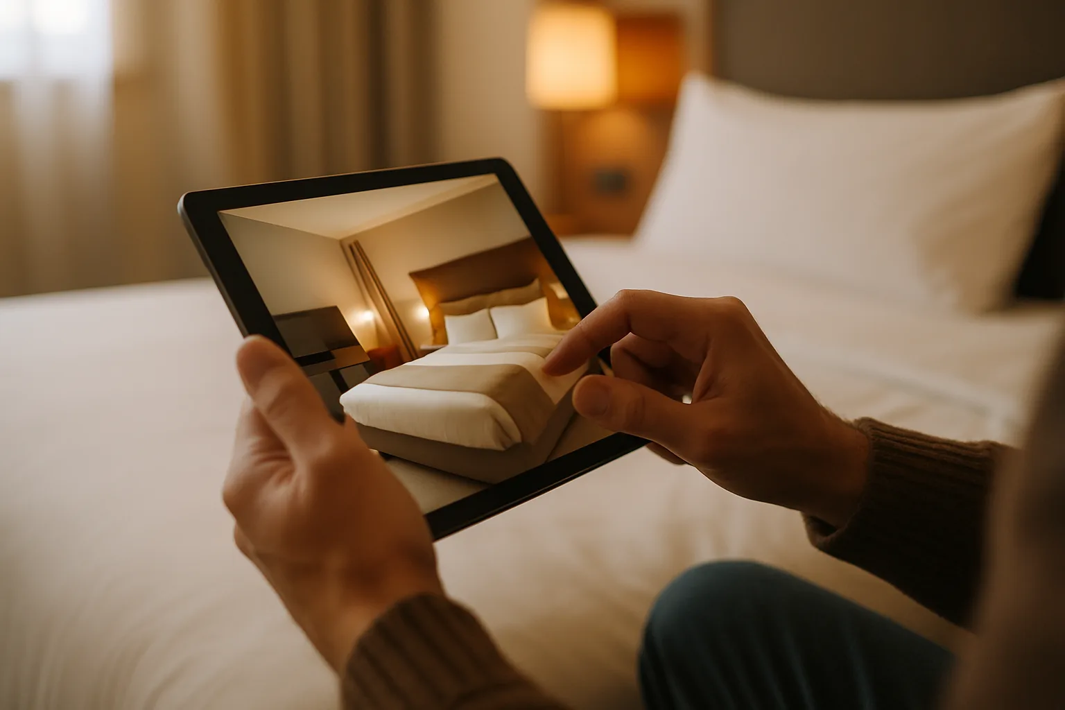 Client effectuant une réservation directe sur le site internet d'un hôtel depuis une tablette