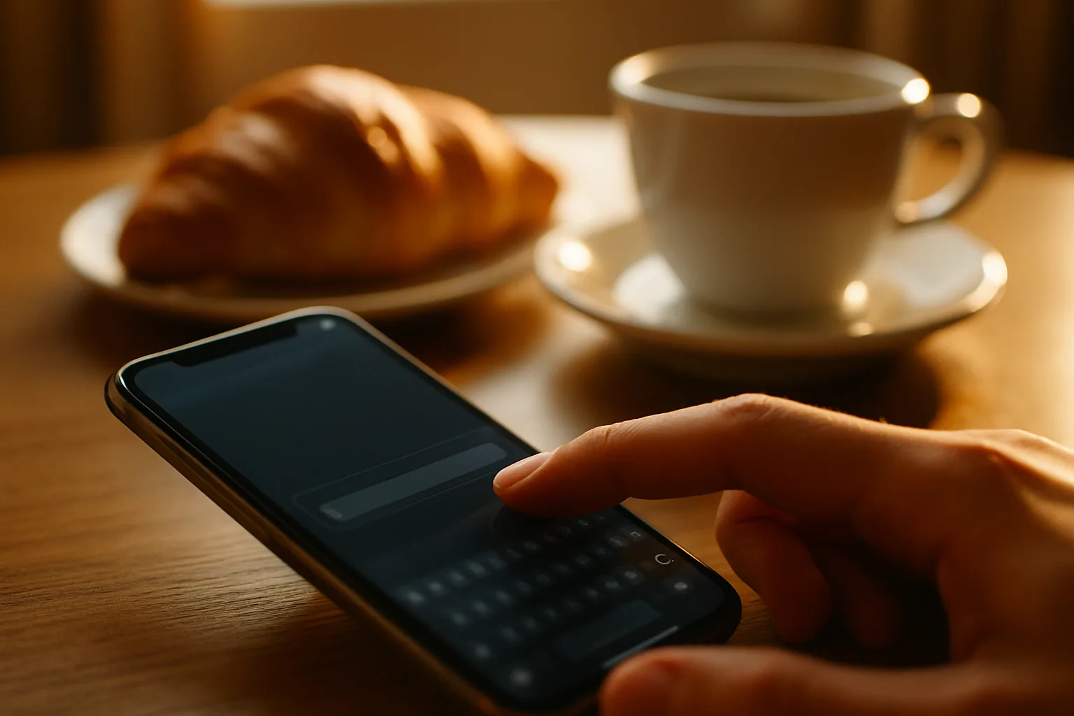 Reisender sucht auf dem Smartphone per KI-Chat nach Hotelempfehlungen