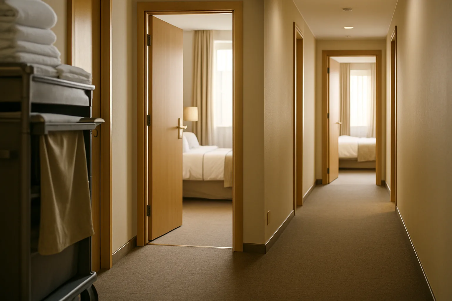 Gepflegter Hotelflur mit offenen Zimmertüren — konkrete Ausstattungsdetails machen Hotels für KI-Antworten zitierbar