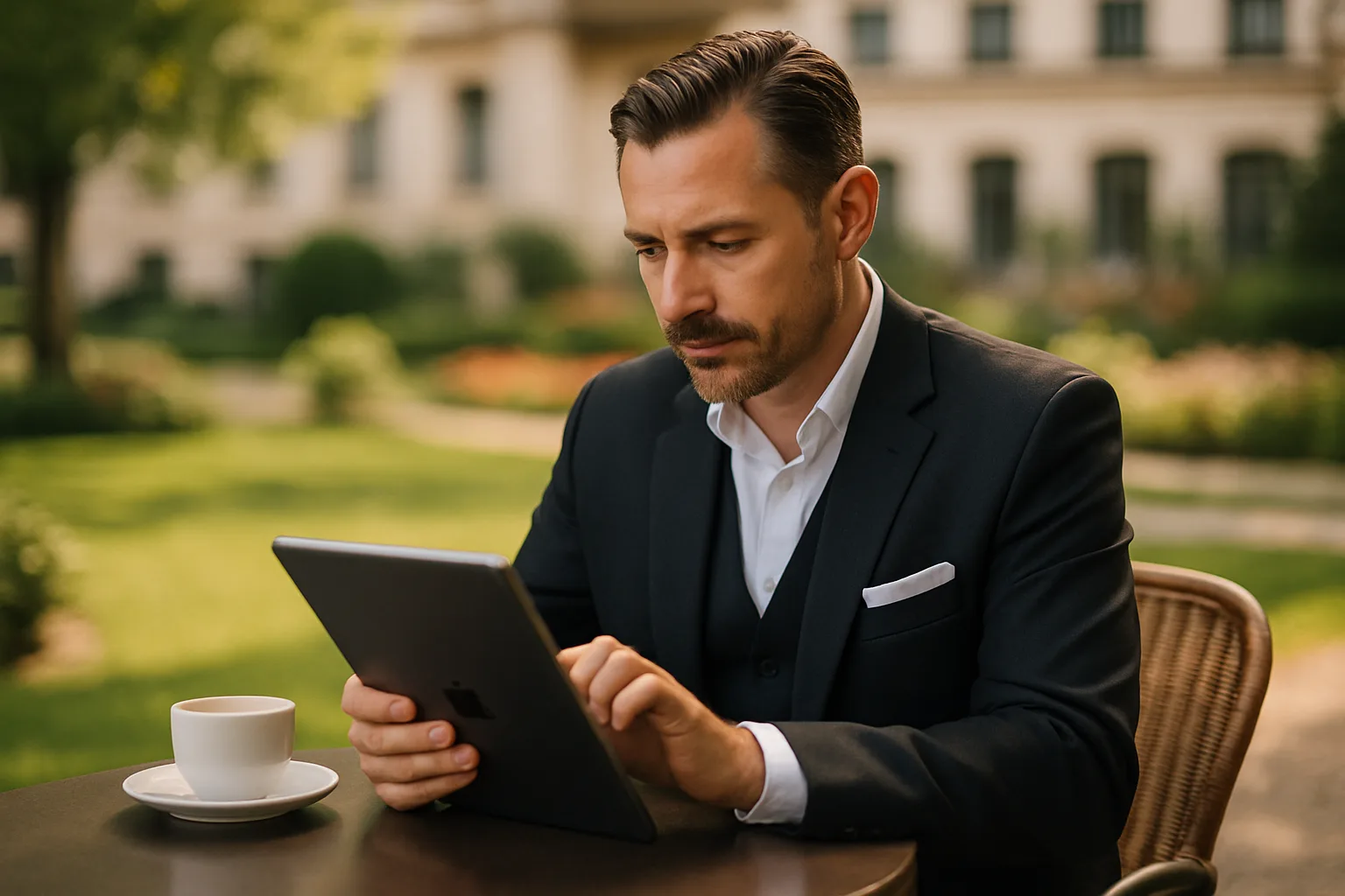 Hotelier konfiguriert die eigene Hotel-Website auf einem Tablet im Freien