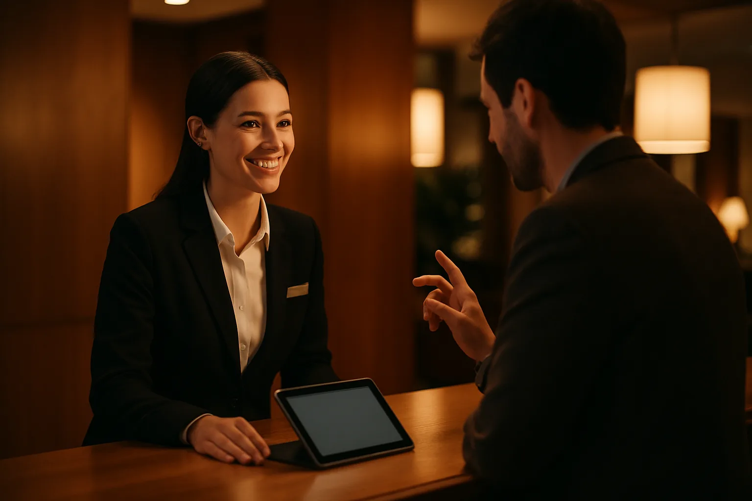 Hotel staff member handling a guest inquiry with the help of an AI knowledge system