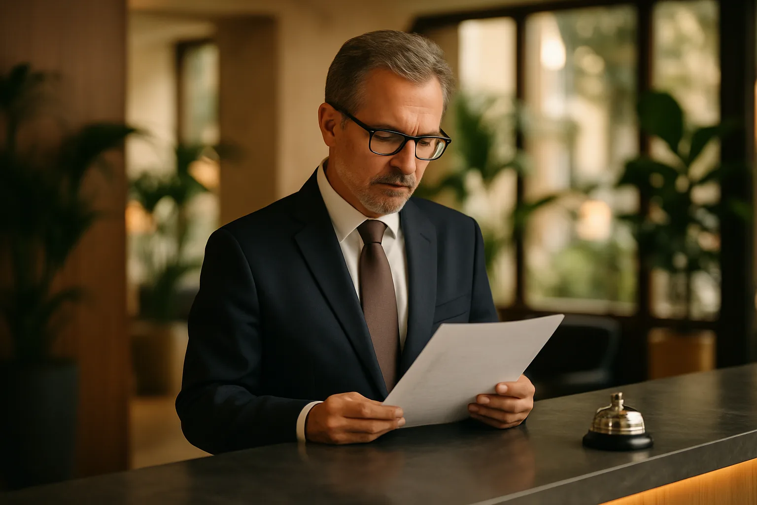 Hotel owner reviewing an AI visibility report at the front desk
