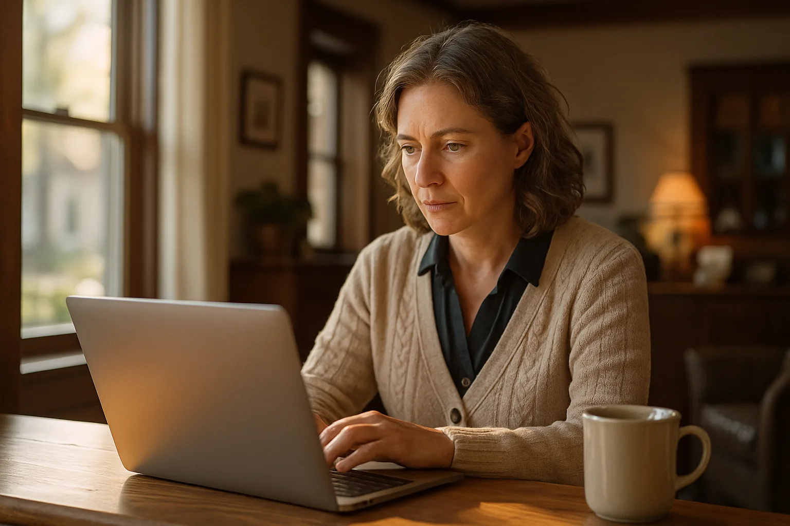 A small hotel owner reviewing direct bookings on a laptop at the front desk