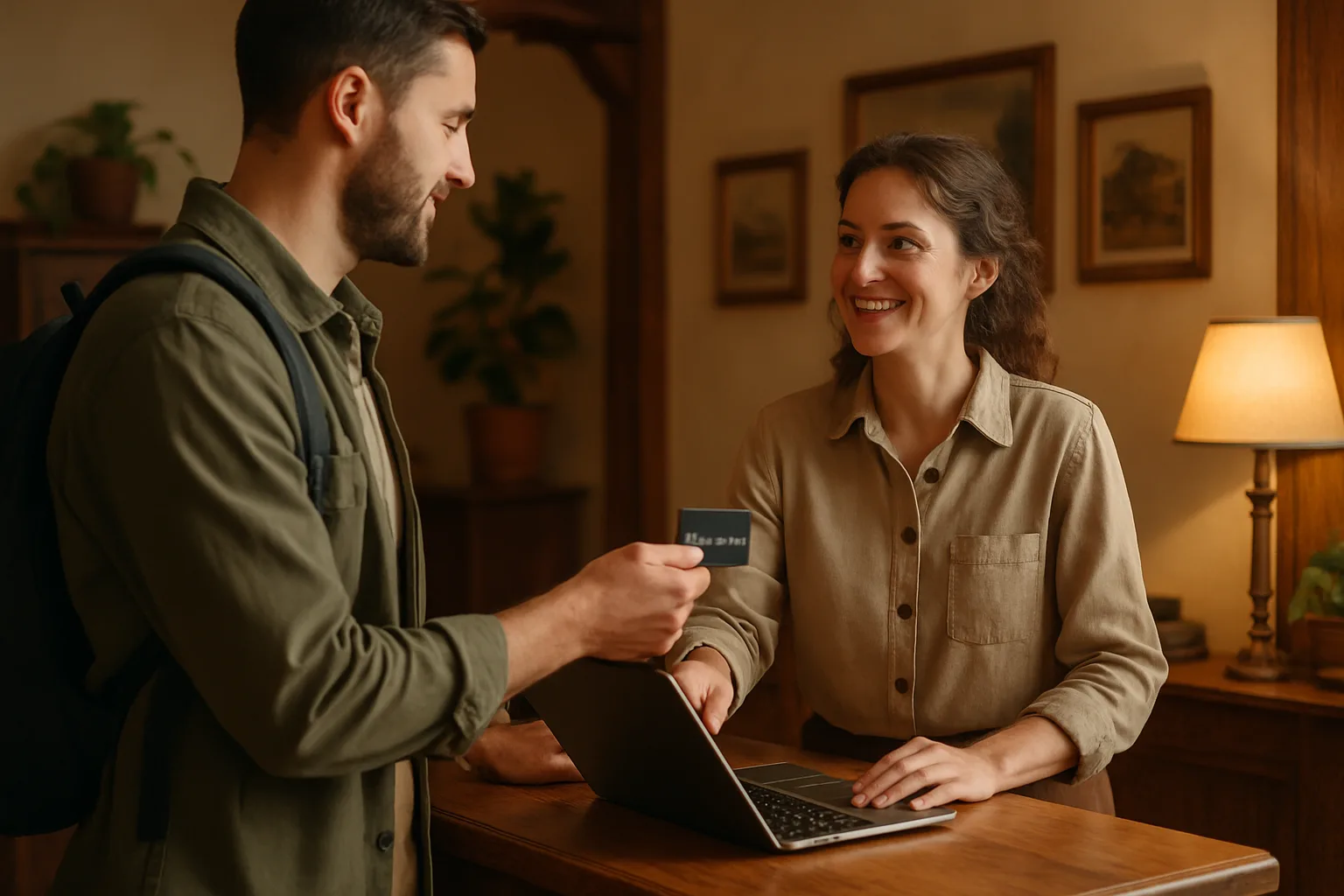 A guest checking in at an independent inn reception counter