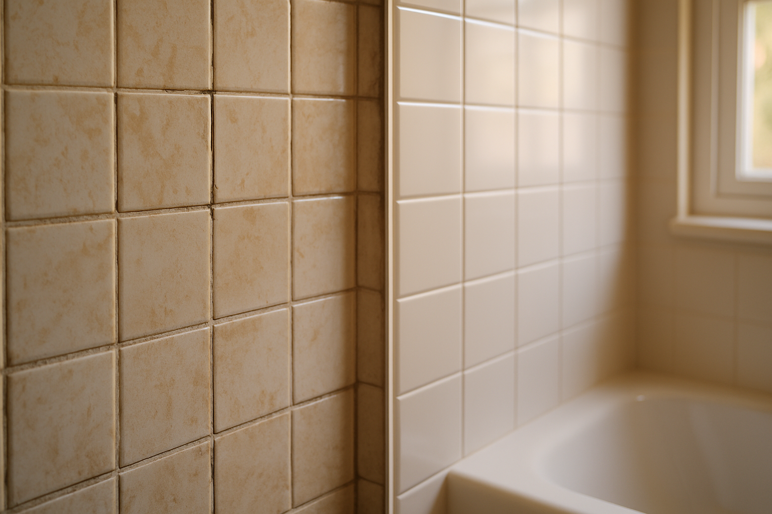 Before-and-after photo of a bathroom tile renovation job — the kind of portfolio image that builds trust on a trades website