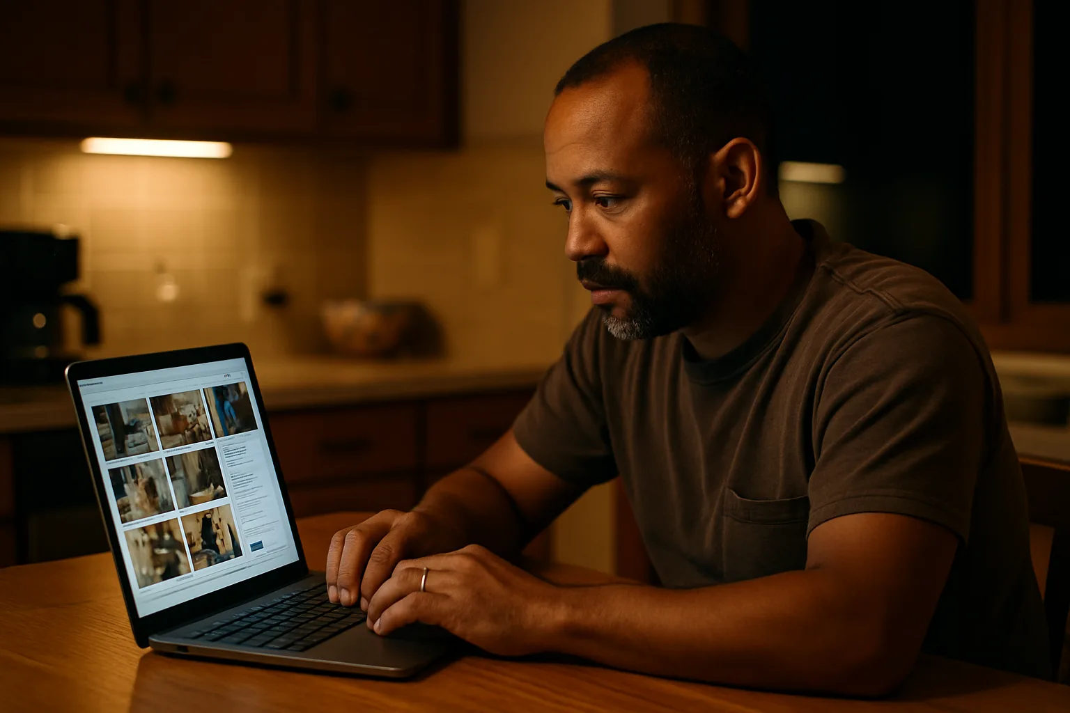 A trades business owner reviewing their website job portfolio and quote request form