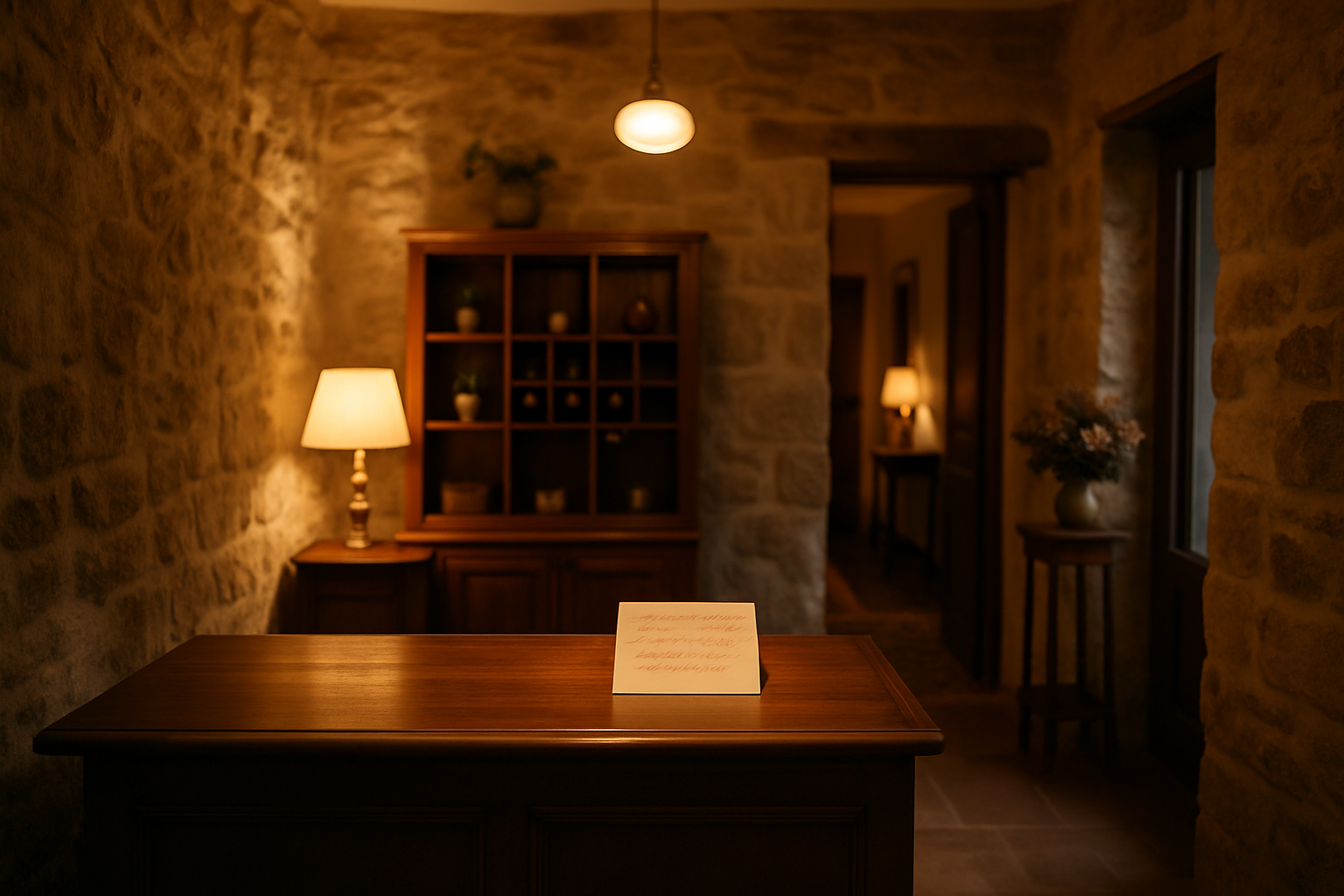 Empfangsbereich eines unabhängigen Boutiquehotels mit Natursteinwand und persönlichem Charakter