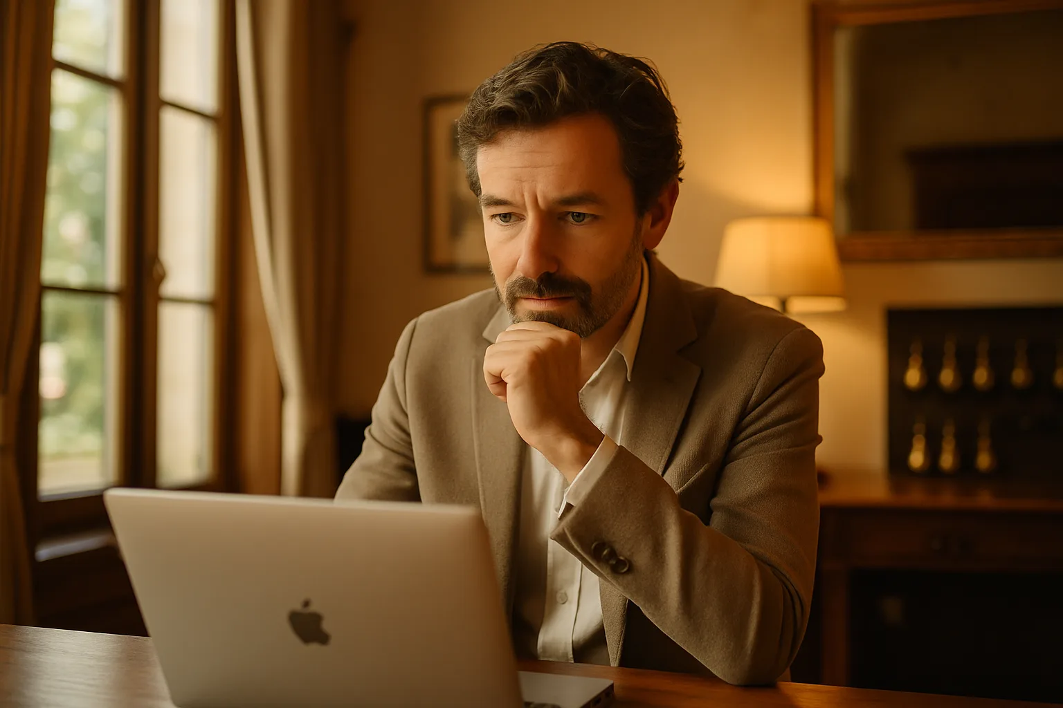 An independent hotelier reviewing their property's website content at the front desk