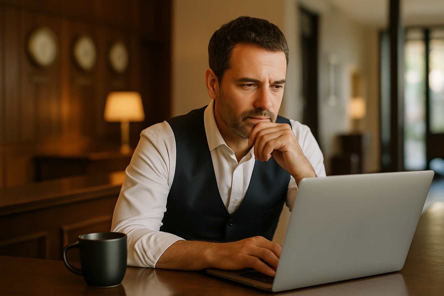 Hotelier prüft am Laptop die Online-Sichtbarkeit seiner Unterkunft