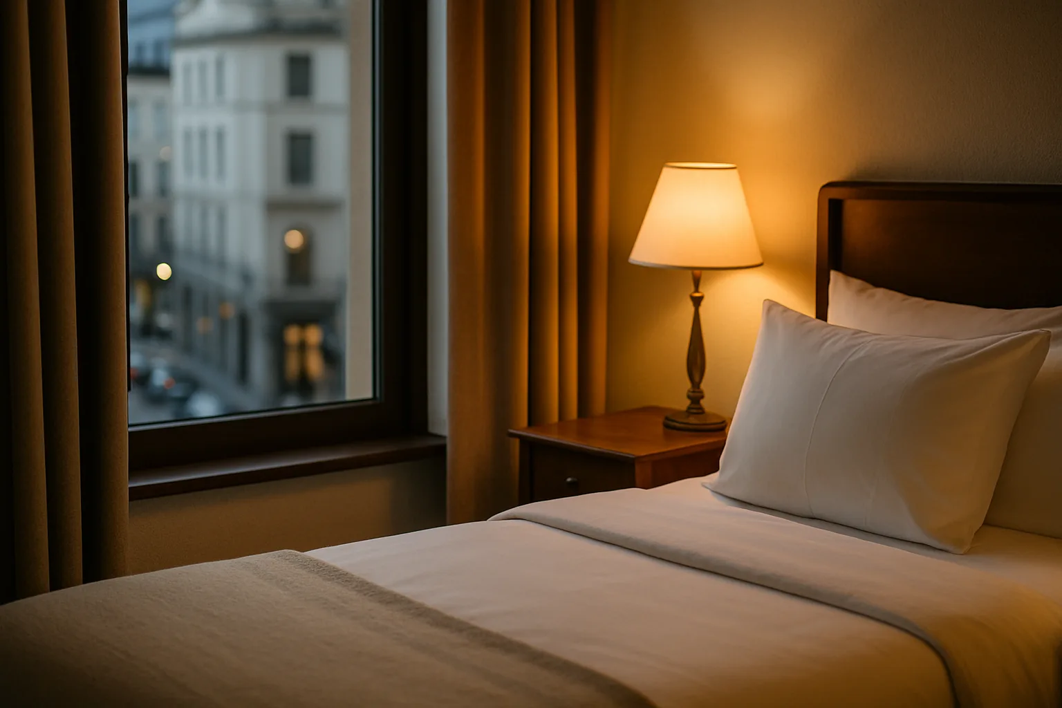 A neatly presented boutique hotel room with warm lighting and a view of the street below