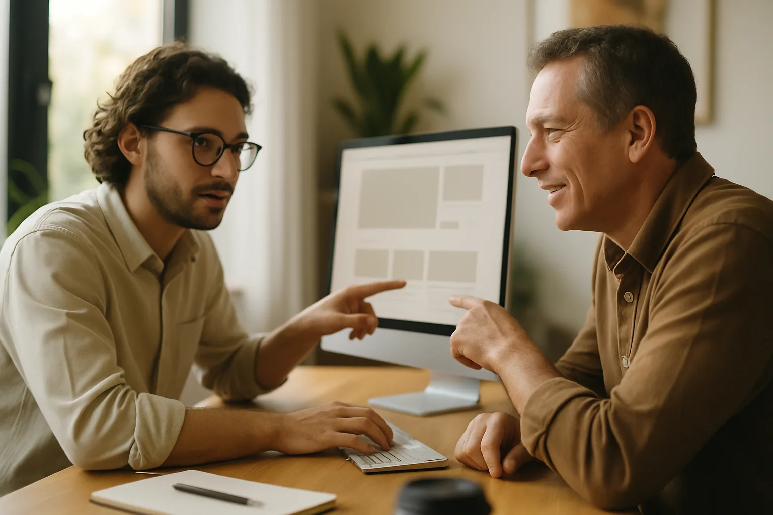 A designer and a business owner reviewing a fixed-price website build together