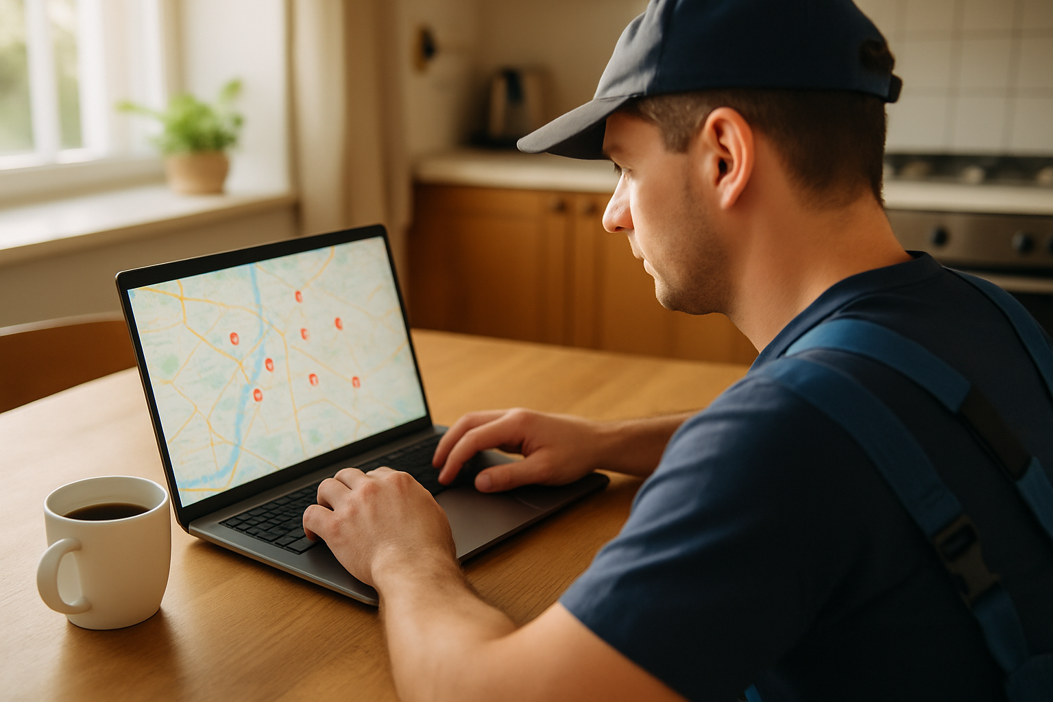 A local trade business owner reviews his Google Maps ranking on a laptop