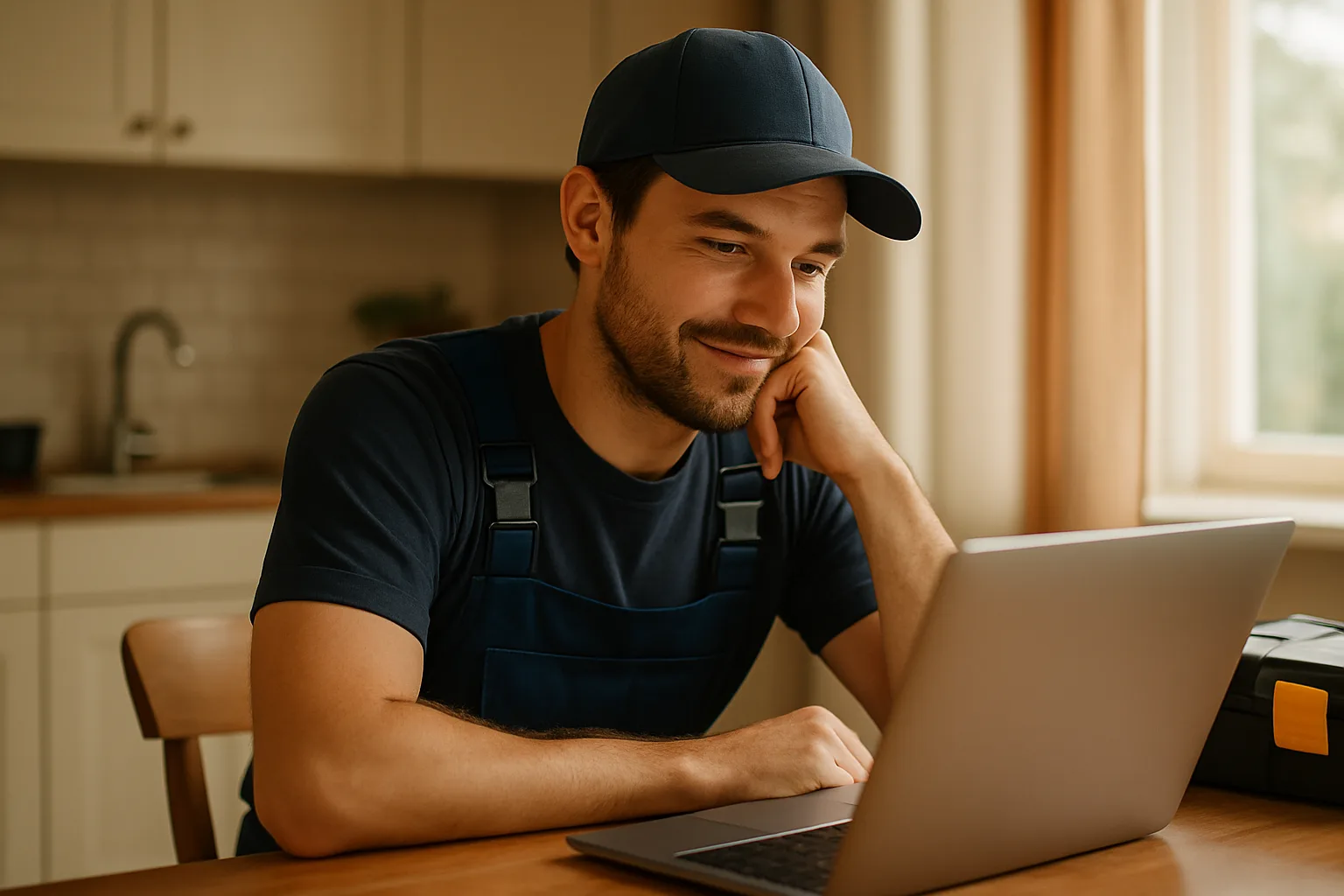 A local contractor reading and responding to Google reviews on a laptop