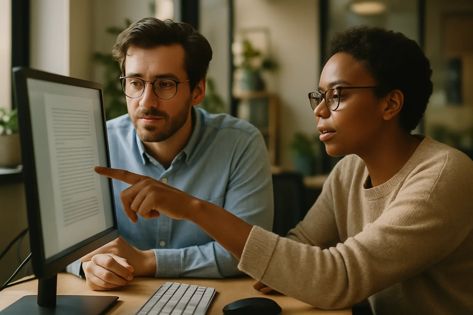 Deux collaborateurs vérifiant une réponse sourcée d'un assistant IA d'entreprise