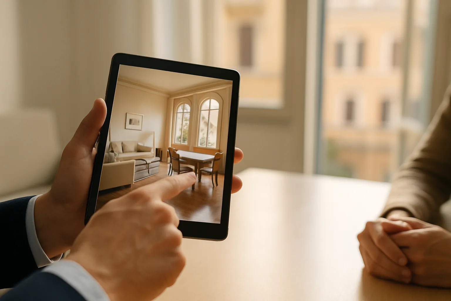 Agente immobiliare mostra i dettagli di un immobile a Roma su tablet durante un incontro con il cliente