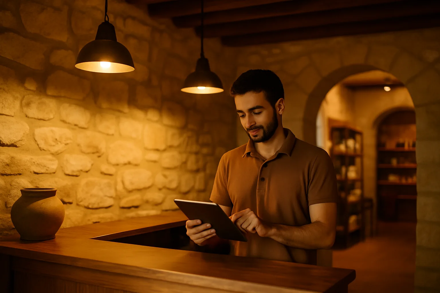 Staff member at a Cyprus SME front desk using a tablet to manage customer queries