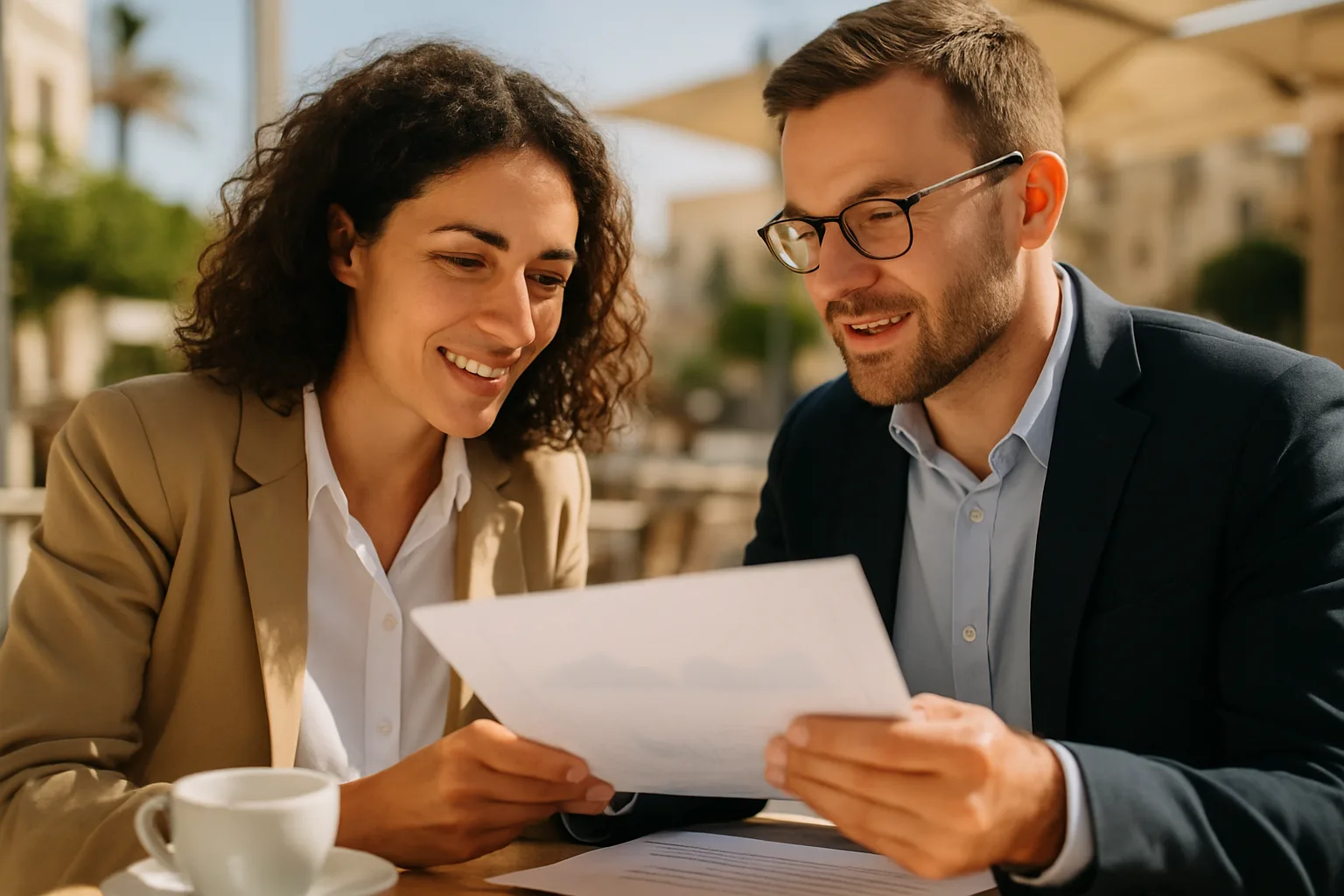 Two business owners in Cyprus discussing an IT automation proposal over coffee