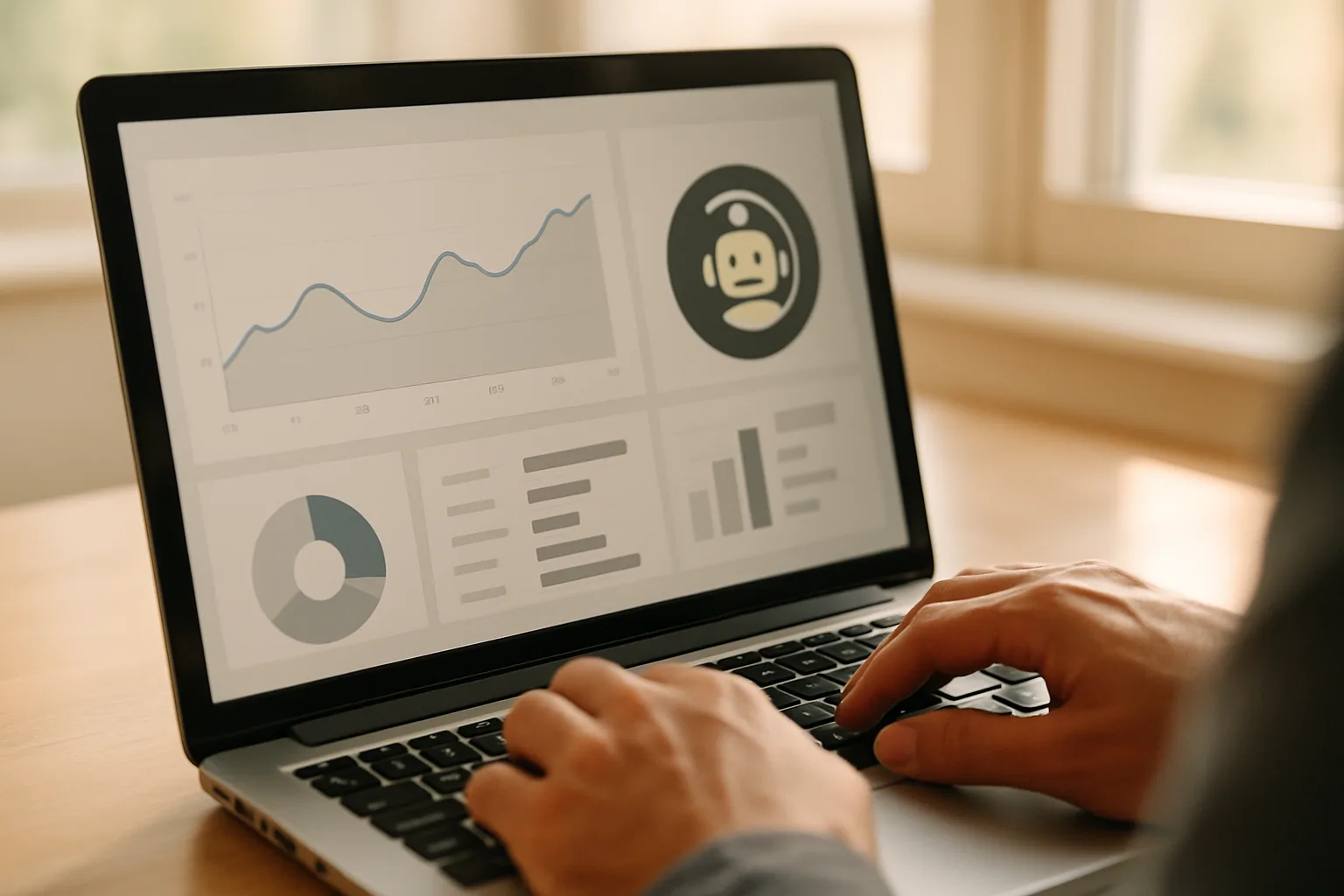 Laptop mit Website-Analyse und KI-Chatbot-Kennzeichnung