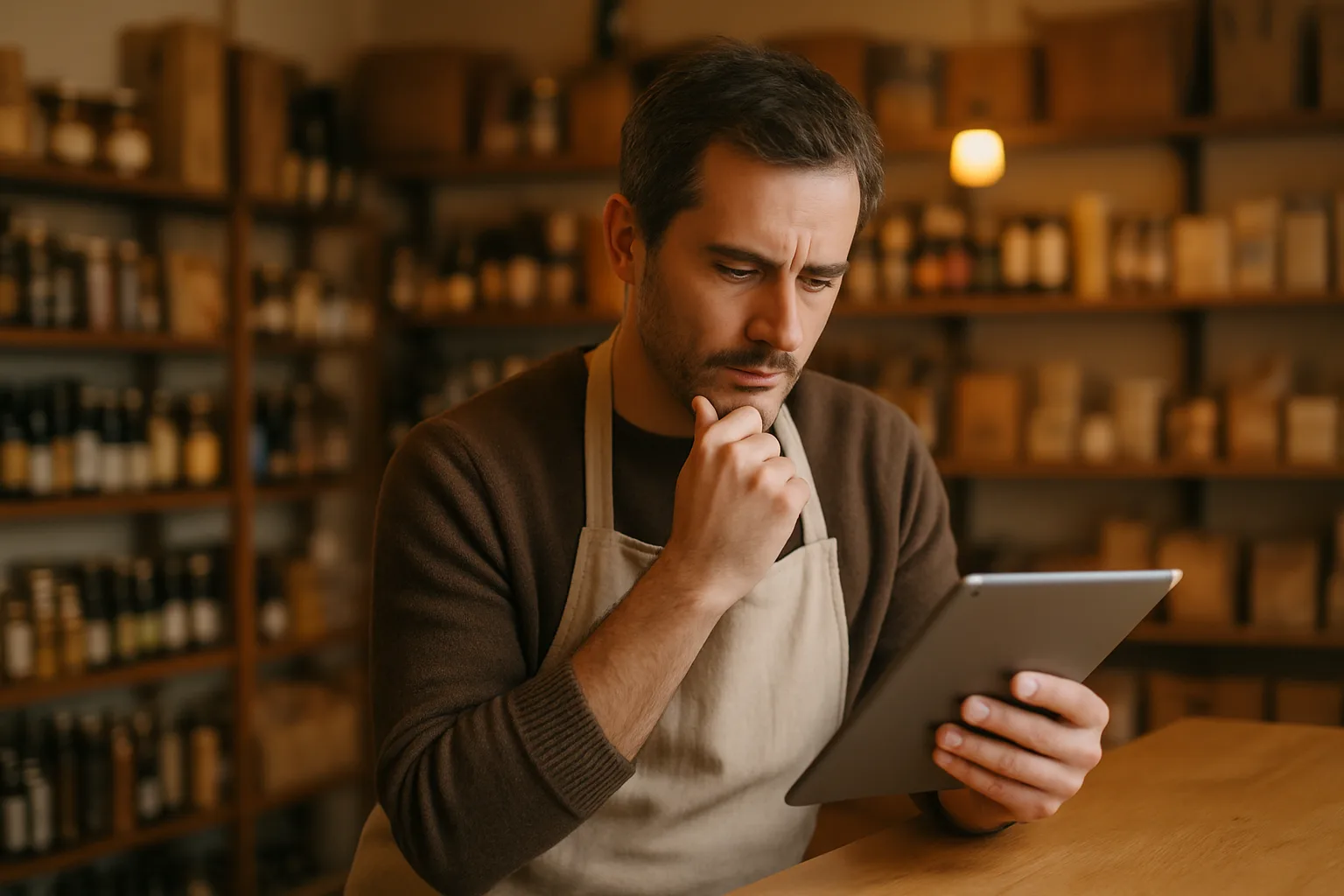 Ladeninhaber prüft KI-Nutzung auf dem Tablet im Geschäft
