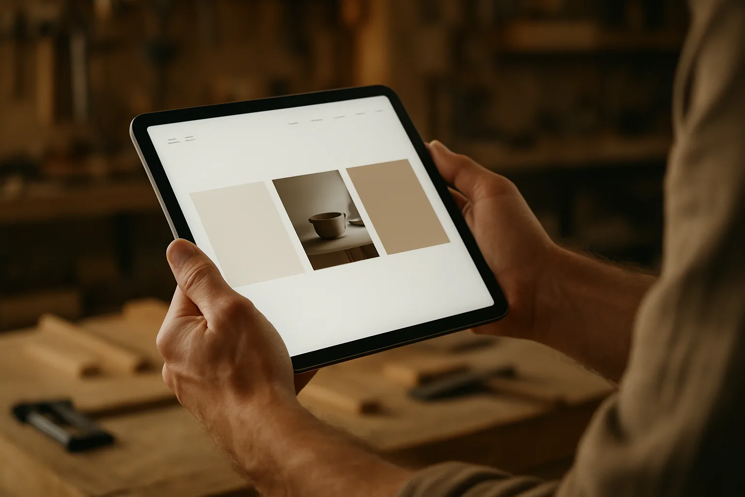 Handwerker betrachtet seine fertige Unternehmenswebsite auf einem Tablet