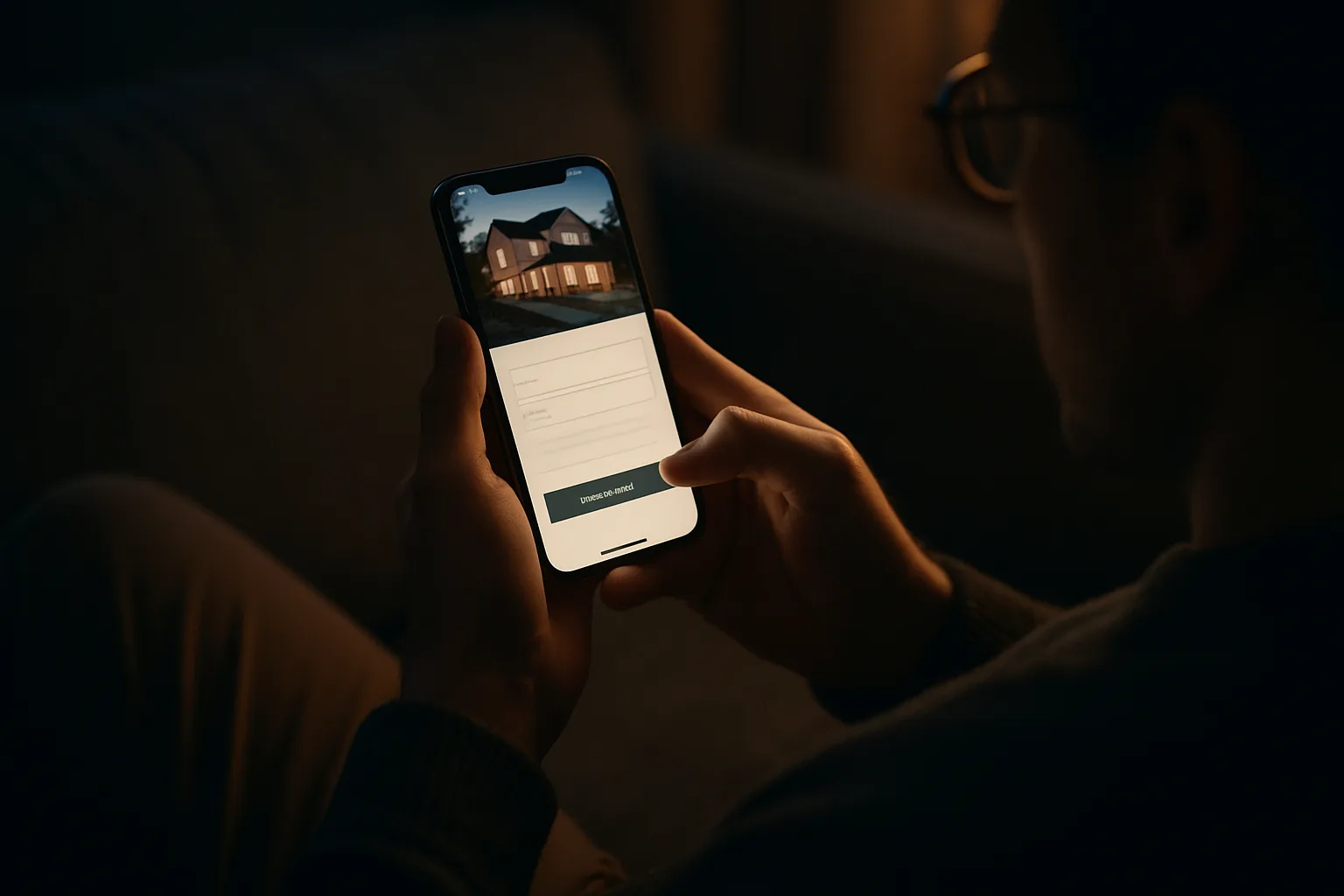 Home buyer browsing a local real estate agent's mobile website in the evening