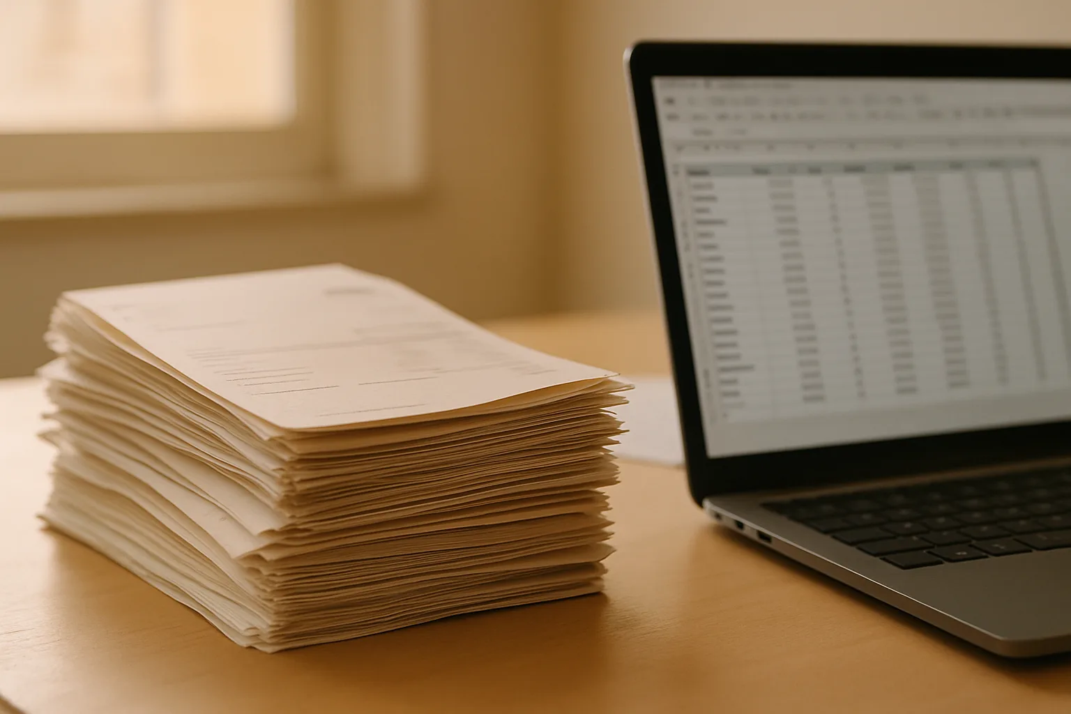 Factures papier et tableau de bord comptable numérique côte à côte sur un bureau de PME