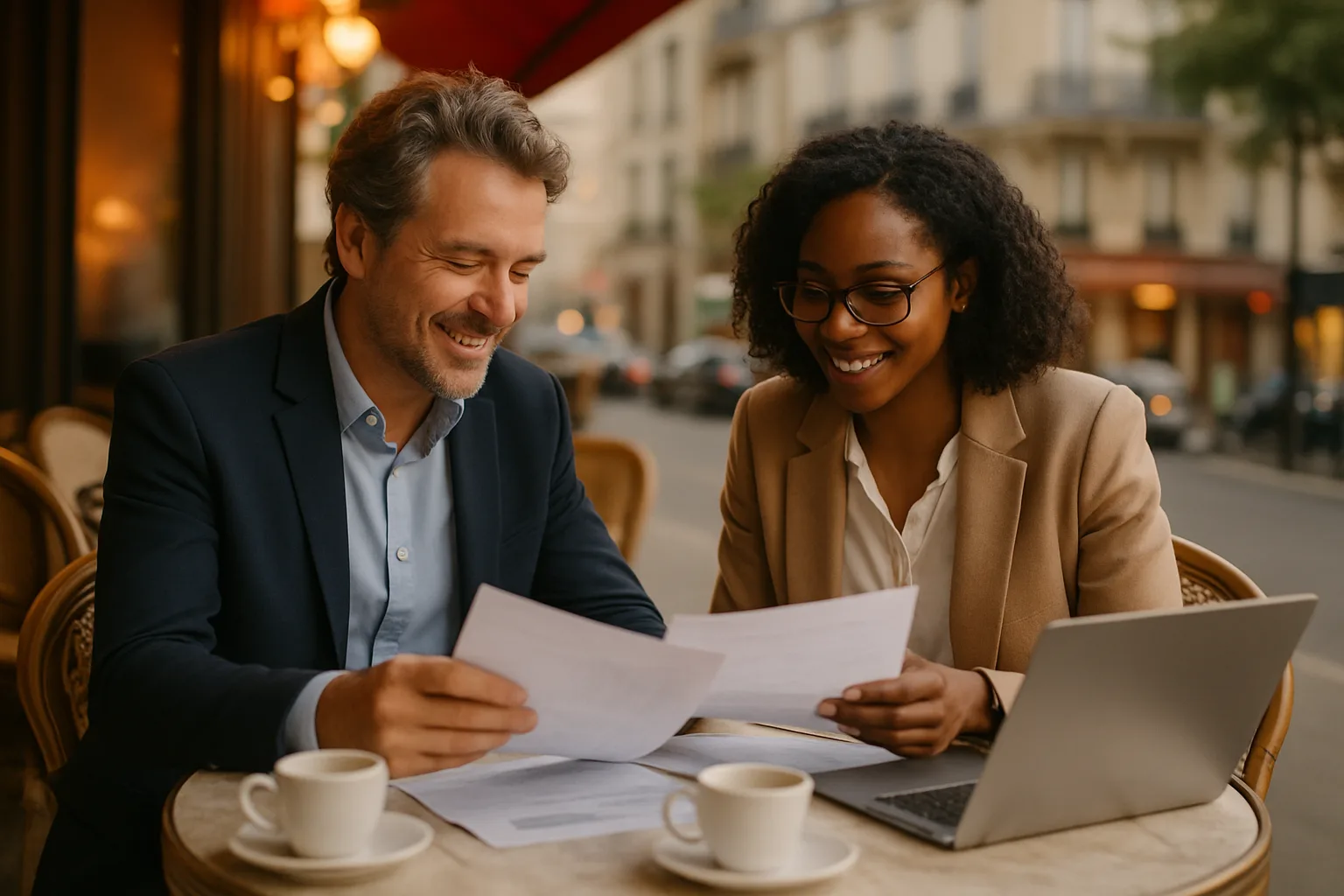 Chef d'entreprise et expert-comptable discutant de rapports financiers dans un café parisien