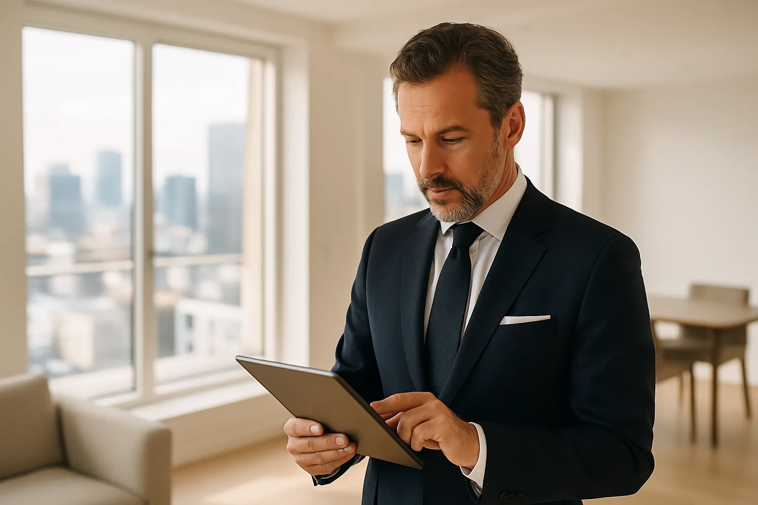 Luxusimmobilienmakler prüft Immobilienangebote auf einem Tablet in einer modernen Wohnung mit großen Fenstern