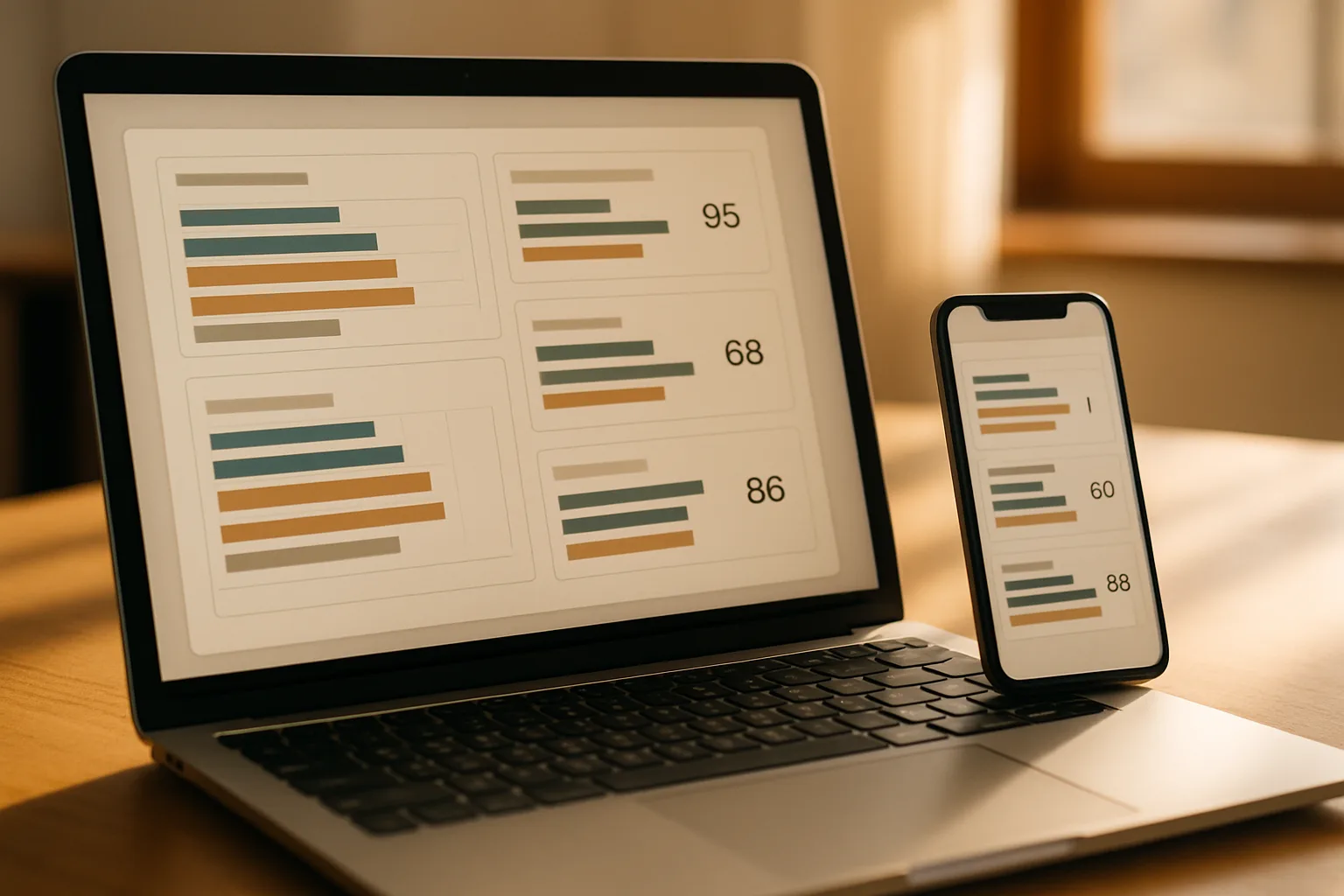 Dashboard mit KI-Sichtbarkeits-Score für ein zyprisches Unternehmen auf Laptop und Smartphone