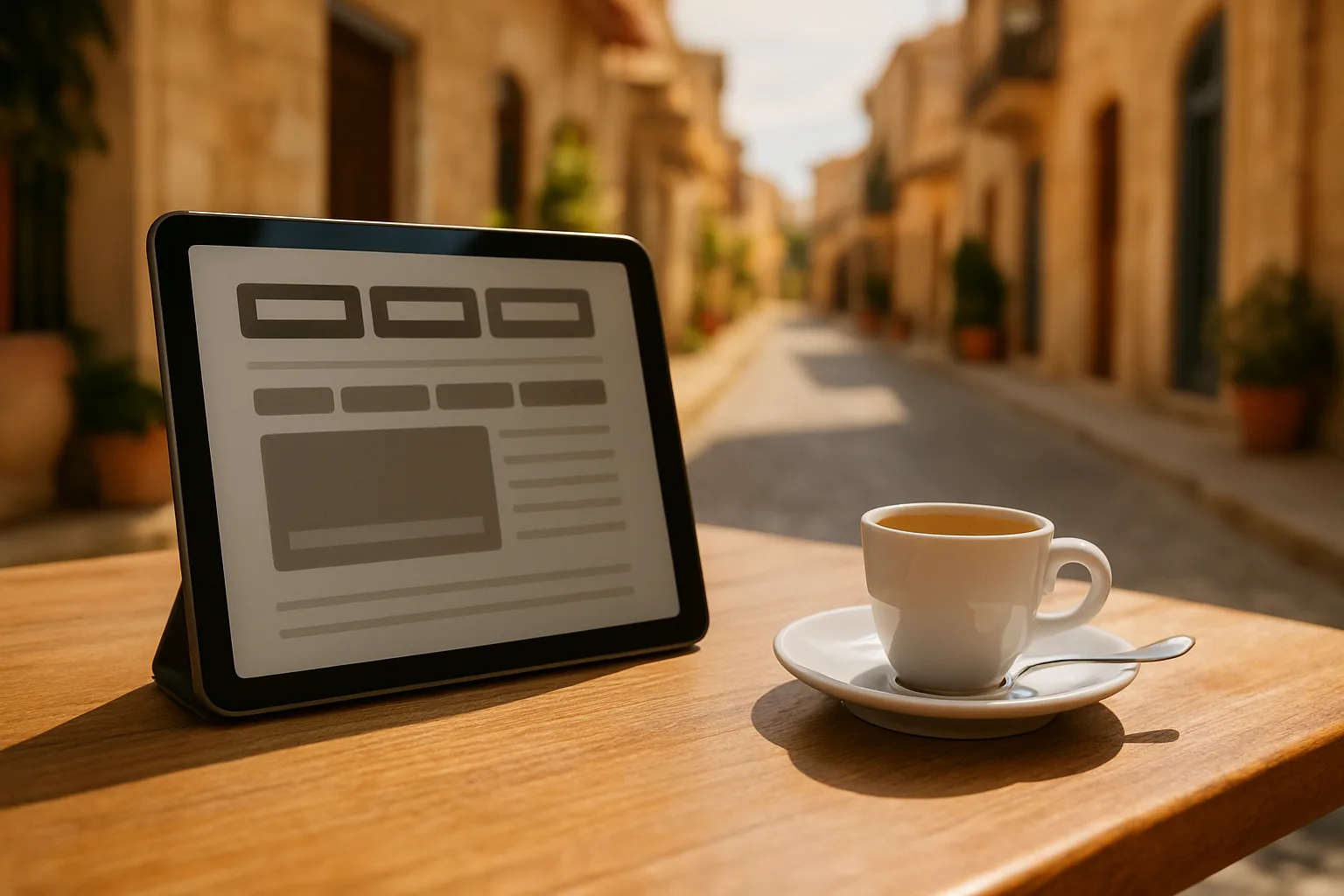 A business website displayed in English, Greek and Russian on a tablet at a Cyprus café