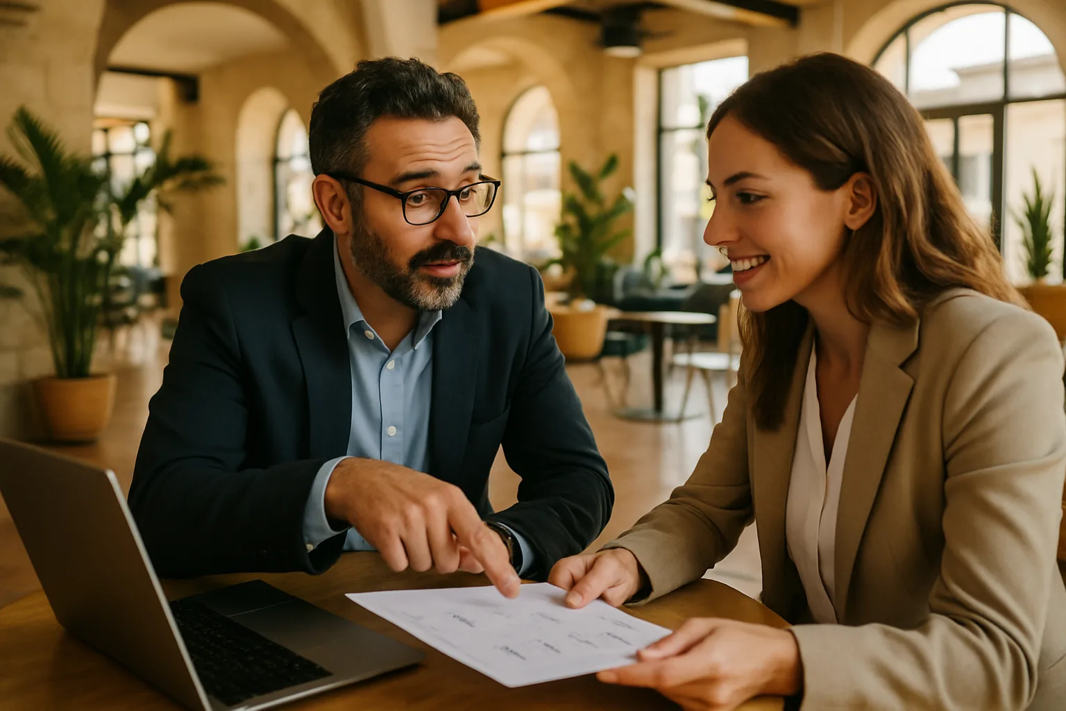 Two business owners in Cyprus reviewing transparent marketing pricing together