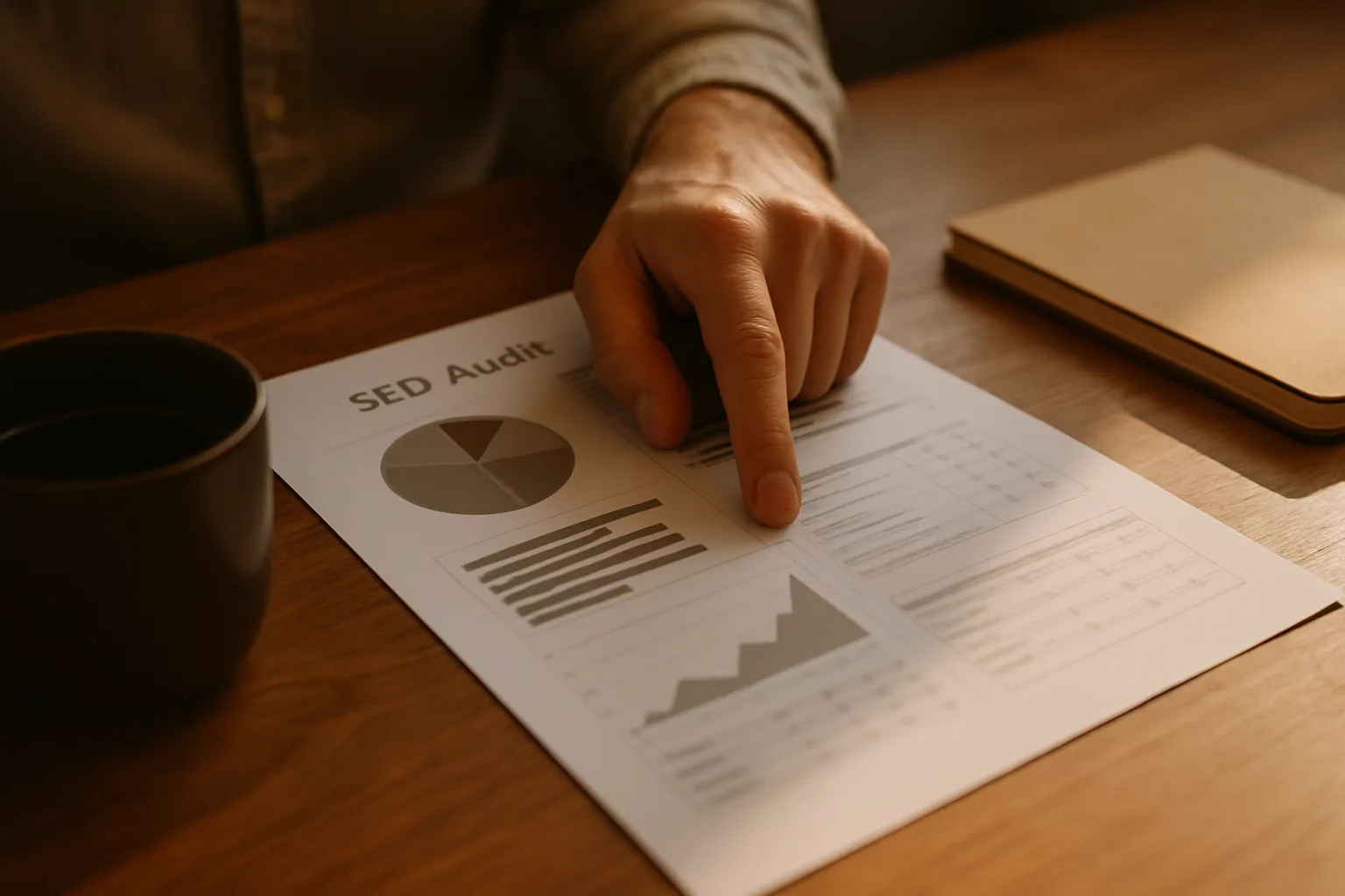 Rapport d'audit SEO posé sur un bureau avec des annotations, symbolisant l'analyse de référencement naturel