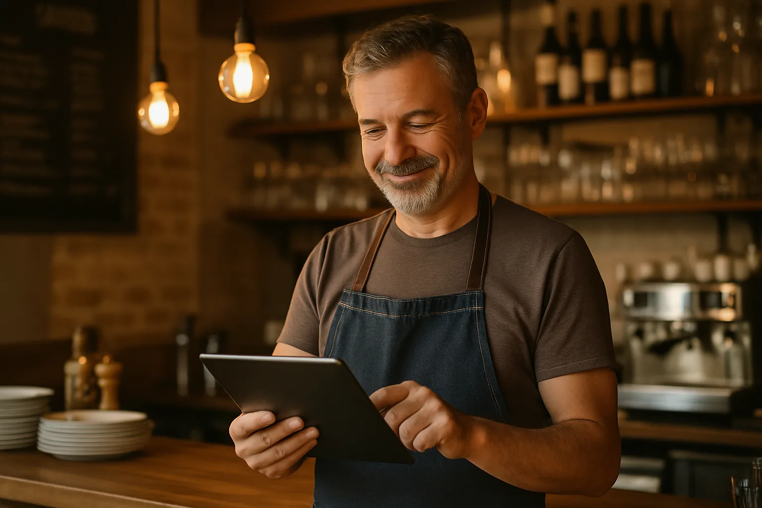 Restaurateur indépendant consultant les résultats de son référencement local sur une tablette