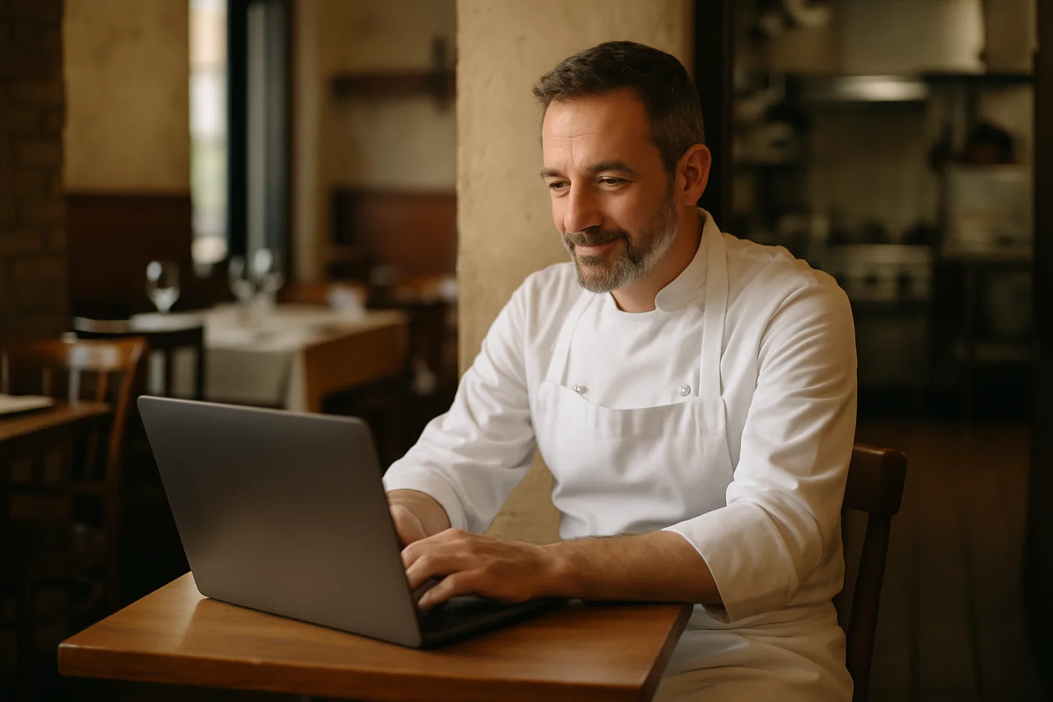 Titolare di ristorante che controlla il sito web del locale sul proprio laptop