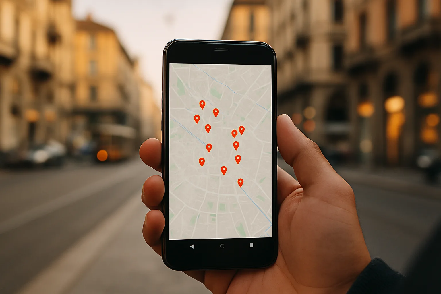 Smartphone con risultati Google Local Pack per ristoranti a Milano in una via cittadina