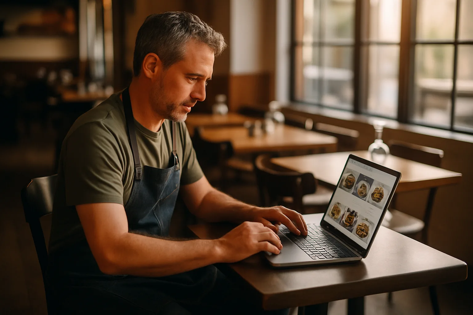 Titolare di ristorante che consulta il sito web del locale su un laptop prima dell'apertura