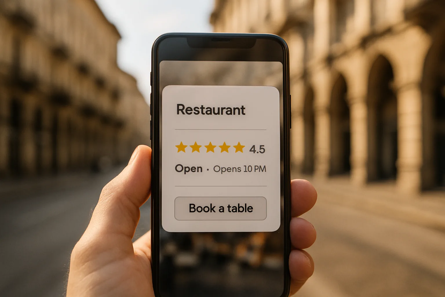 Smartphone con risultati di ricerca Google che mostrano un ristorante torinese con stelle e orari