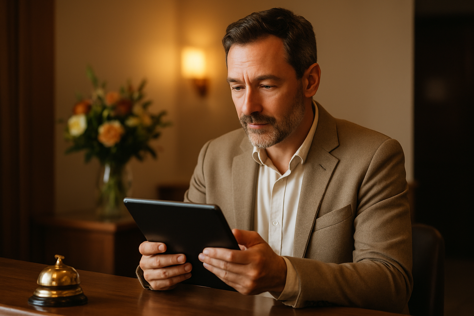 Hôtelier mettant à jour sa fiche d'établissement Google depuis la réception de son hôtel