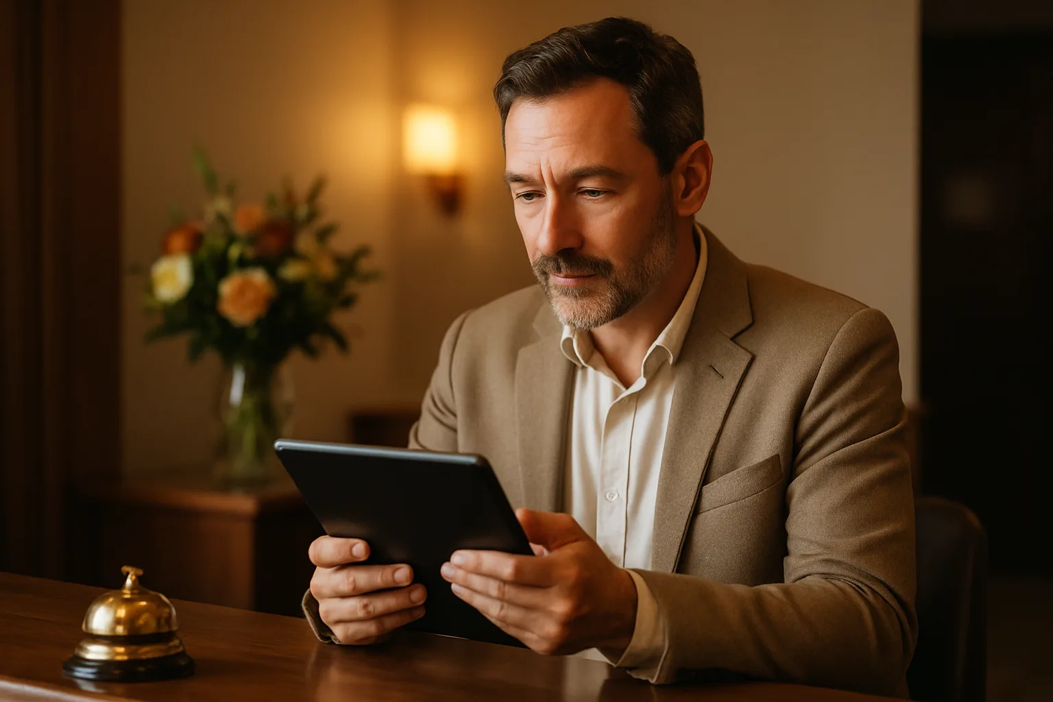 Hôtelier mettant à jour sa fiche d'établissement Google depuis la réception de son hôtel