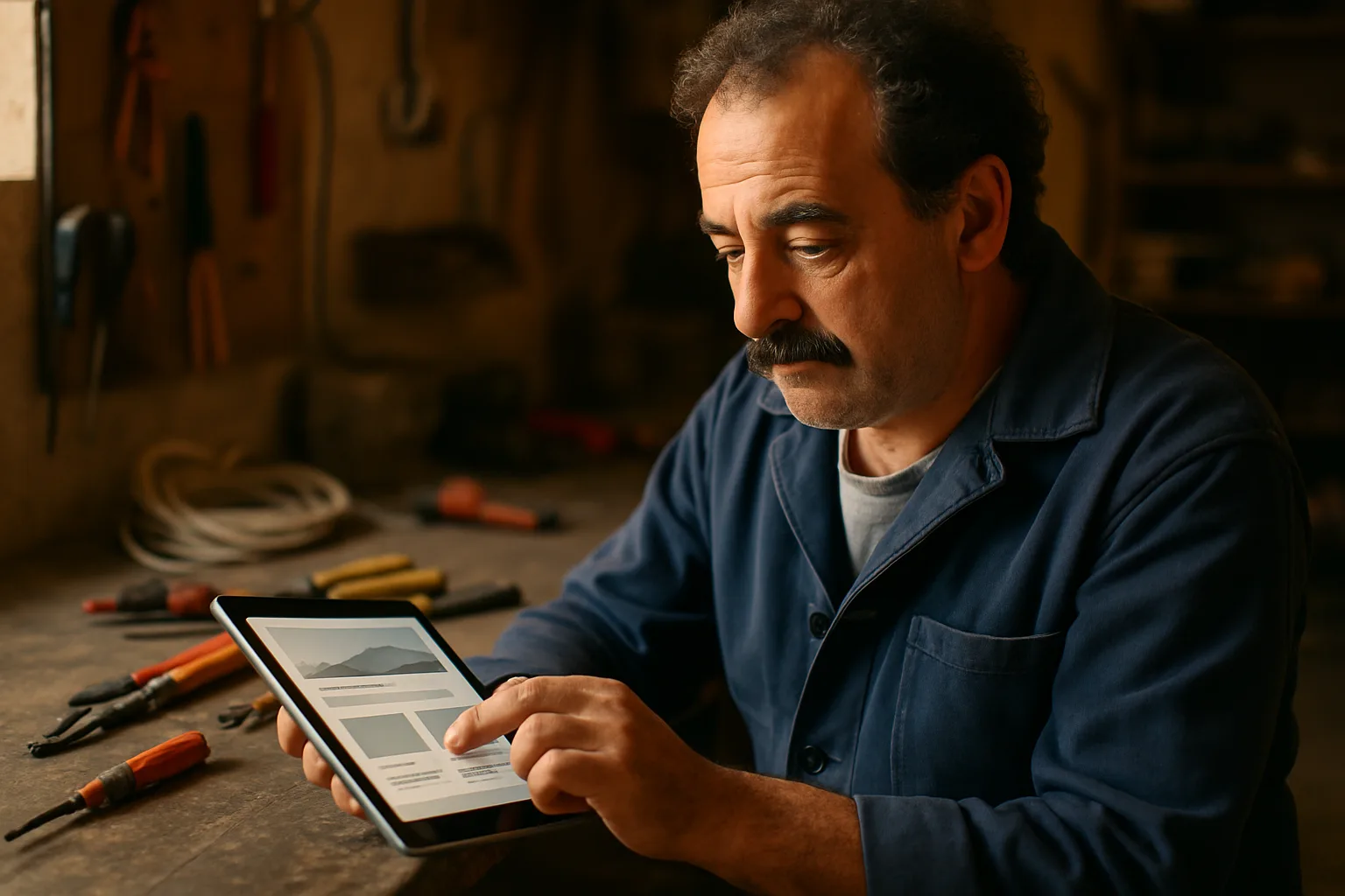 Elettricista italiano controlla il proprio sito web su un tablet in laboratorio