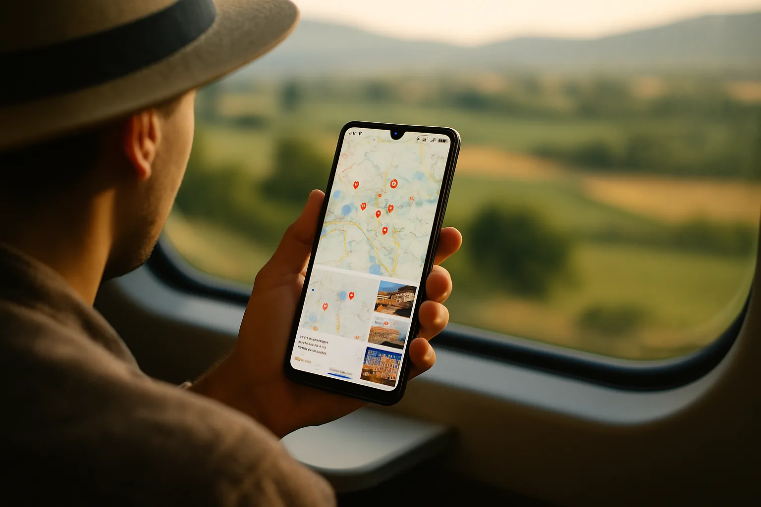 Turista su un treno cerca hotel nelle vicinanze su Google Maps dallo smartphone