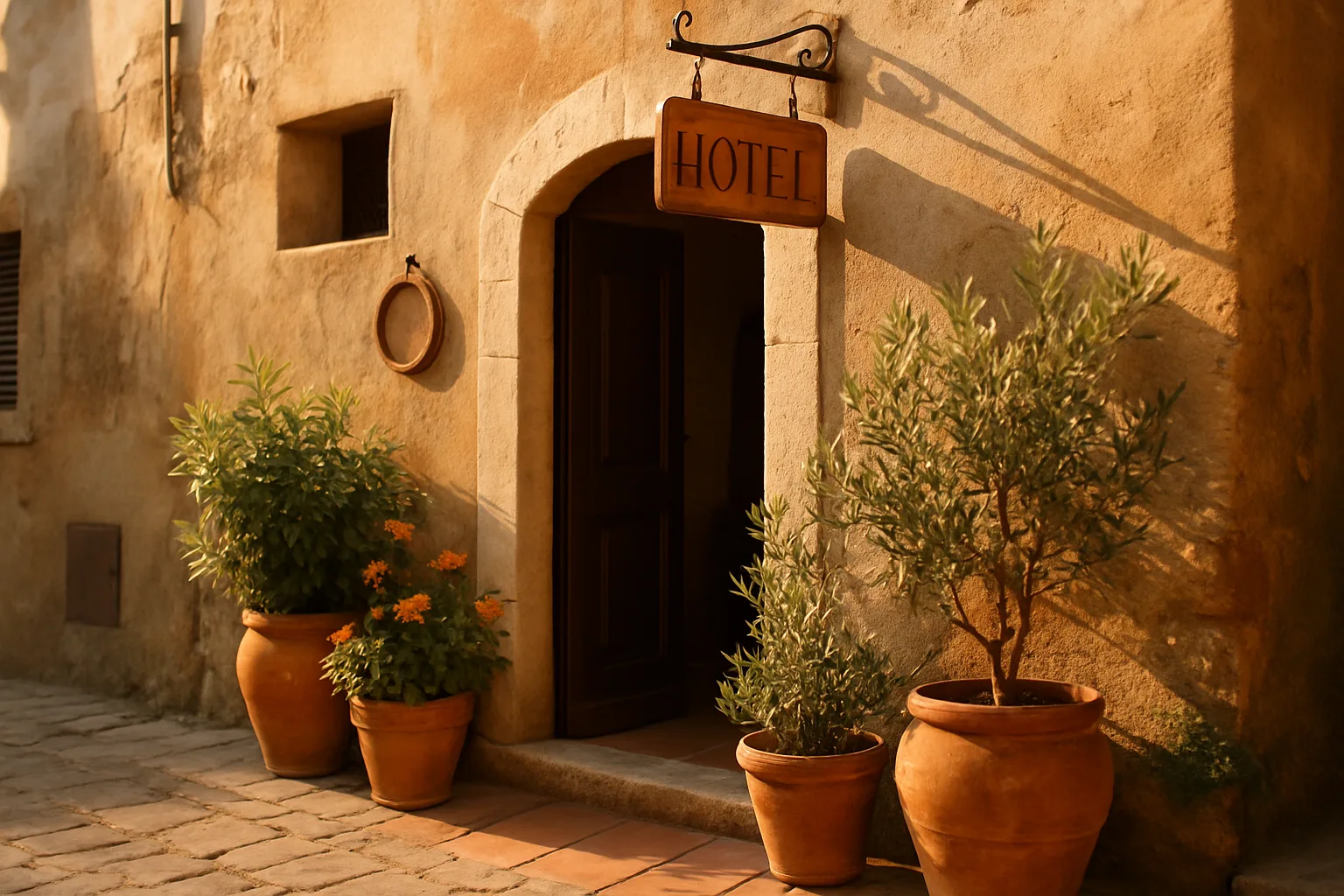 Esterno di un piccolo hotel italiano con ingresso accogliente e luce naturale