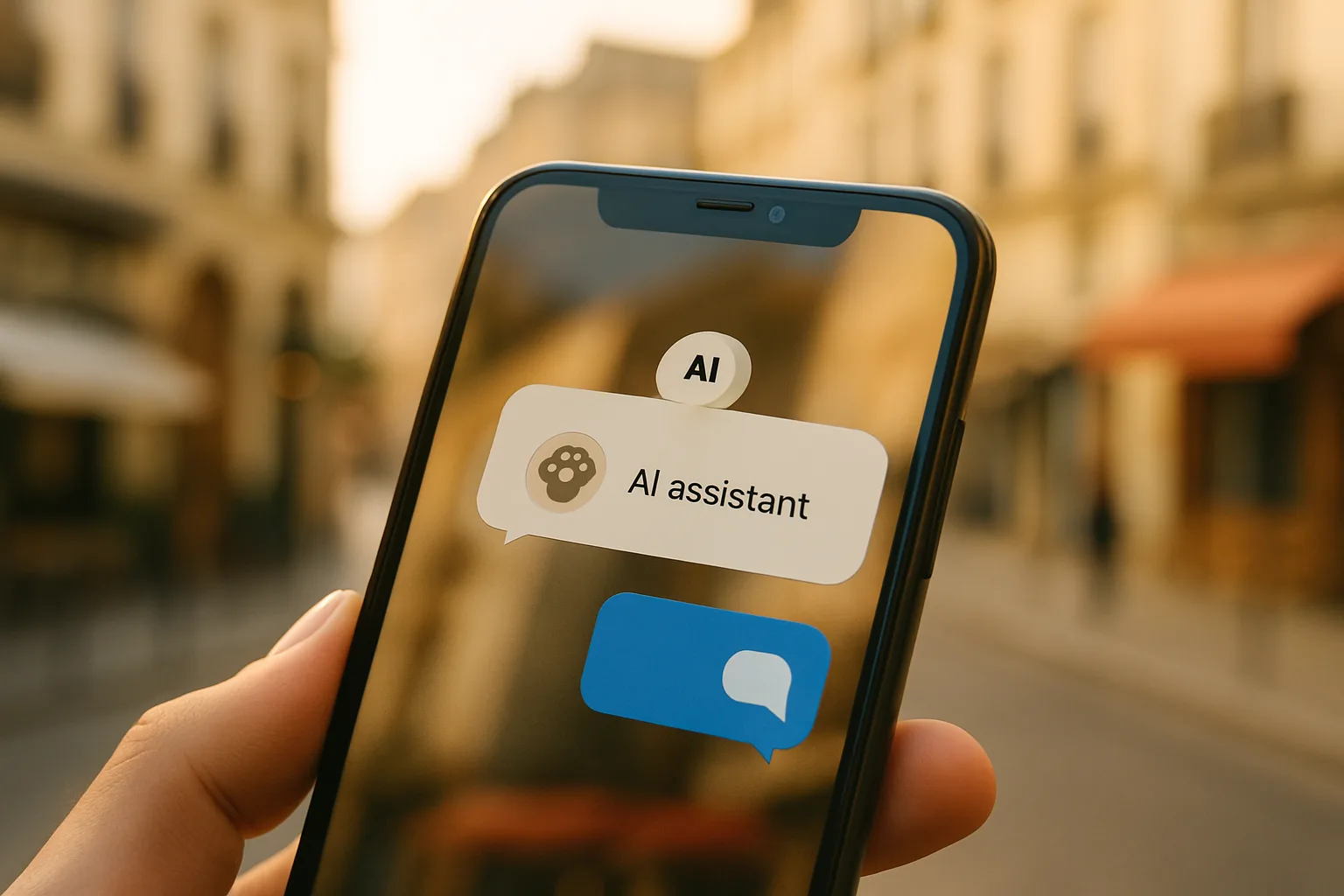 Écran de smartphone montrant une conversation avec un assistant IA qui répond à une question sur une entreprise locale