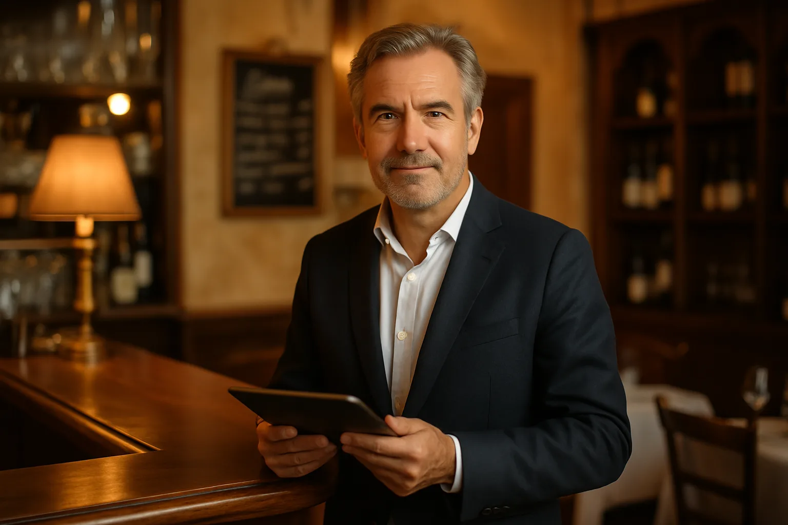 Gérant d'établissement consultant les résultats de son audit de visibilité IA sur une tablette