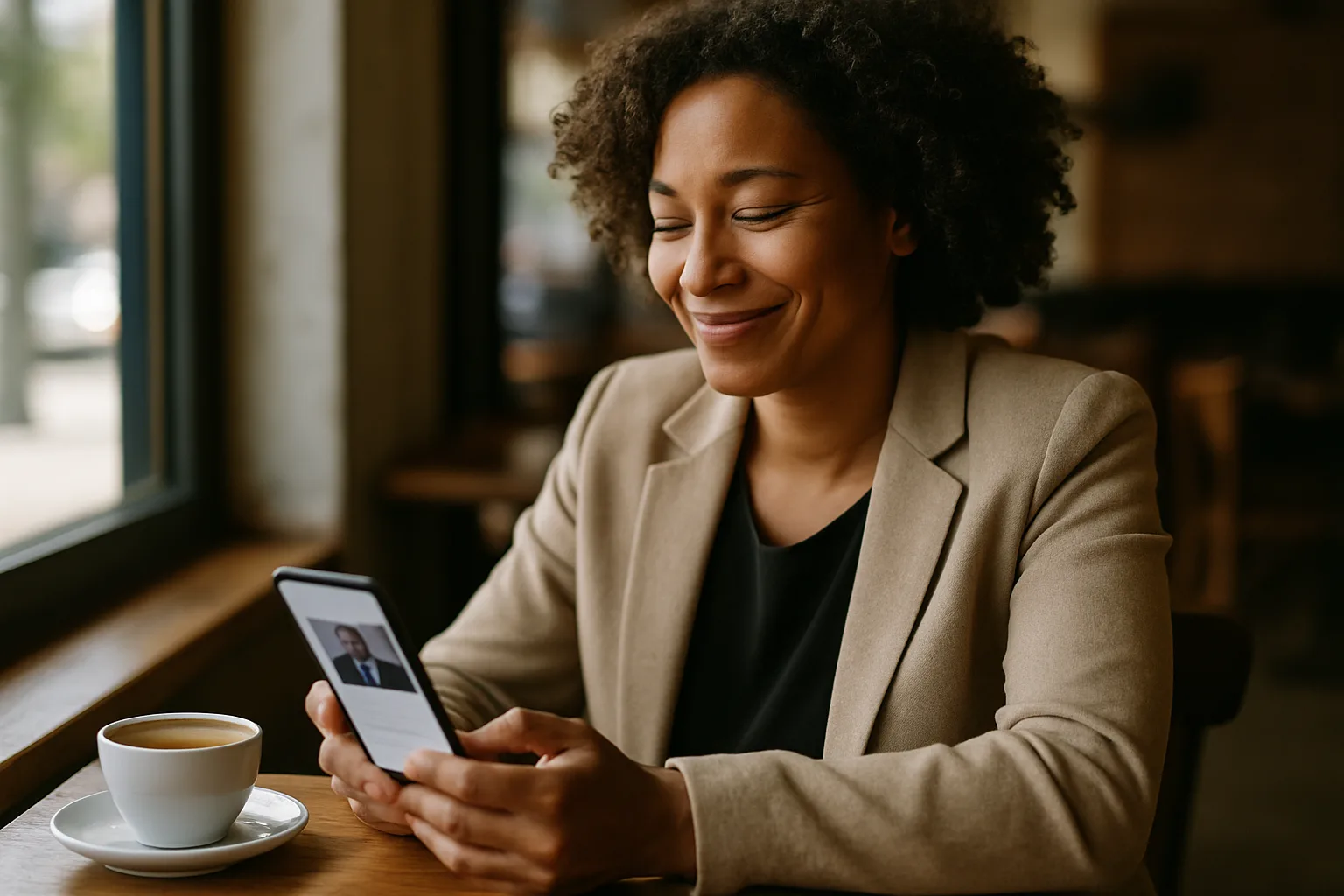 A freelancer checking their new portfolio website on a mobile phone at a café, looking confident