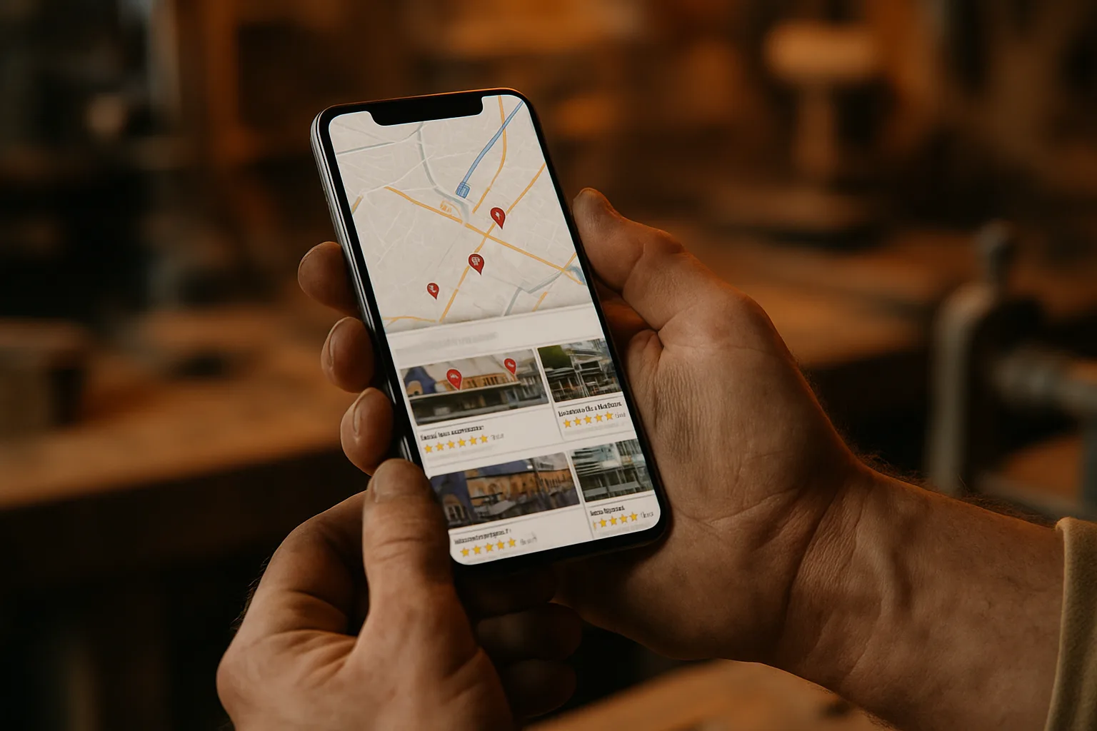 Résultats Google Maps avec fiches d'établissement et avis clients pour des artisans locaux