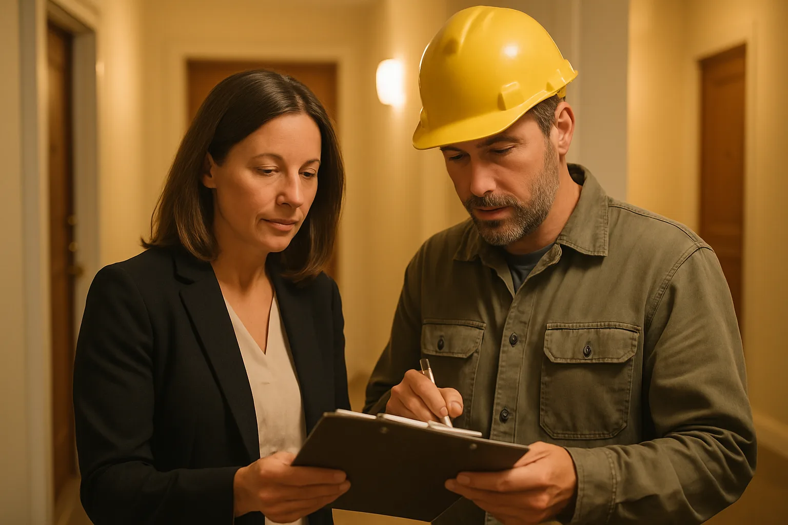 Property manager and contractor reviewing a maintenance work order in an apartment building