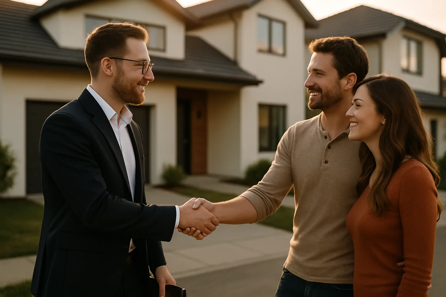 Real estate agent closing a deal with clients after generating leads through a professional website